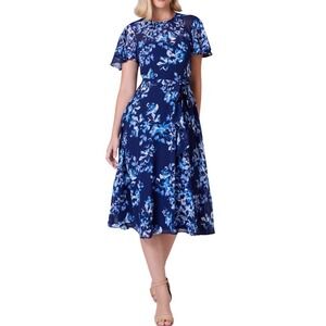 Jessica Howard Navy Blue Floral Chiffon Midi Dress JH4M5584 Size 16 NWT